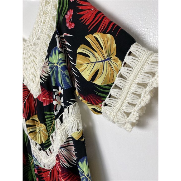 Boho Beach Hawaiia Blouse Crochet Size M/L Leaf Floral Print Multicolor Tropical - Picture 5 of 12